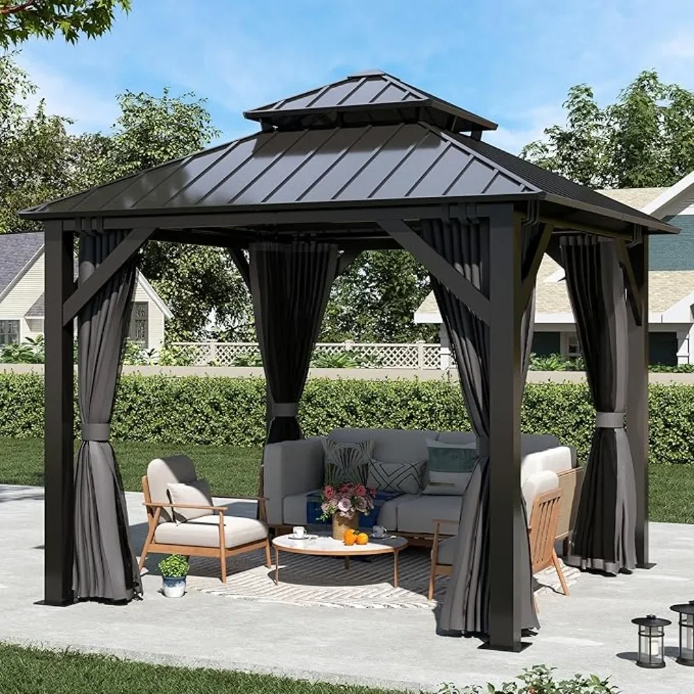 

Hardtop Gazebo, Galvanized Steel Double Roof Gazebo with Nettings and Curtain Outdoor Aluminum Frame Vertical Stripes