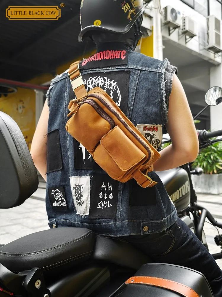 

Mens Large Capacity Crossbody Bag Multi Pockets Cowhide Genuine Leather Travel Chest Bags Wide Strap Shoulder Motorcycle Riding