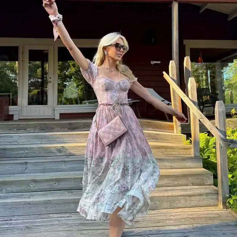 YENKYE Vintage Bloemenprint Boho Jurk Vrouwen Vintage Bladerdeeg Mouw Sjerpen A-lijn Midi Vakantie Zomer Jurken Party Gewaad