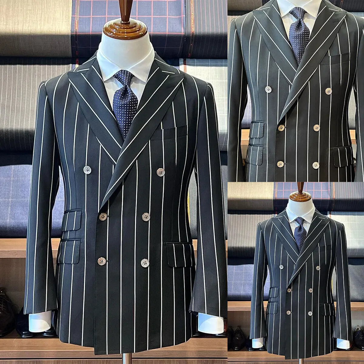 Fashion Striped Men Wedding Blazer Peak Lapel Groom Wear Double Breasted Tuxedos Prom Evening Party Slim Fit Jacket Only Coat