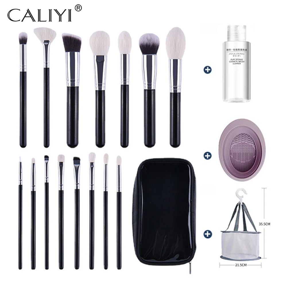KLINA 15PCS Goat Hair Makeup Brushes Set Kit Gift For Women Professional Natural Make Up Cleaner Cosmetic Powder Eye Lip Tool