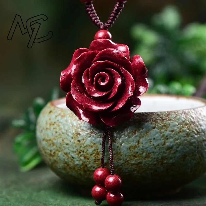 Fashion Cinnabar Jade Rose Flower Pendant Necklace Jewellery Chinese Healing Women Man Luck Gift Sweater Chain Amulet