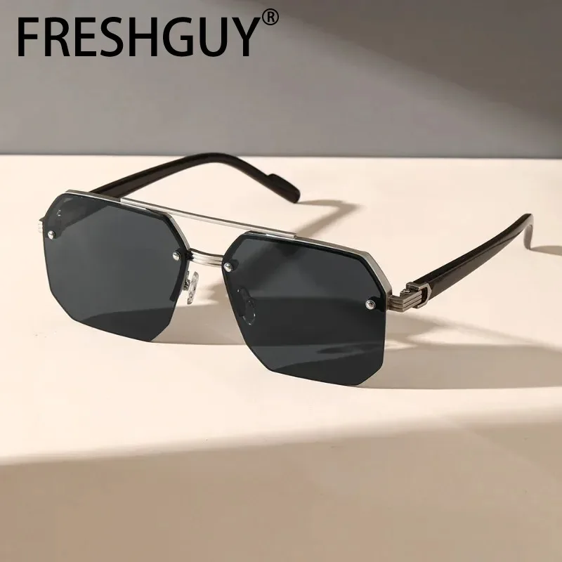 FRESHGUY 2024 Occhiali da sole senza montatura per uomo Occhiali da sole quadrati personalizzati con mezza montatura Occhiali da sole resistenti ai raggi UV da viaggio