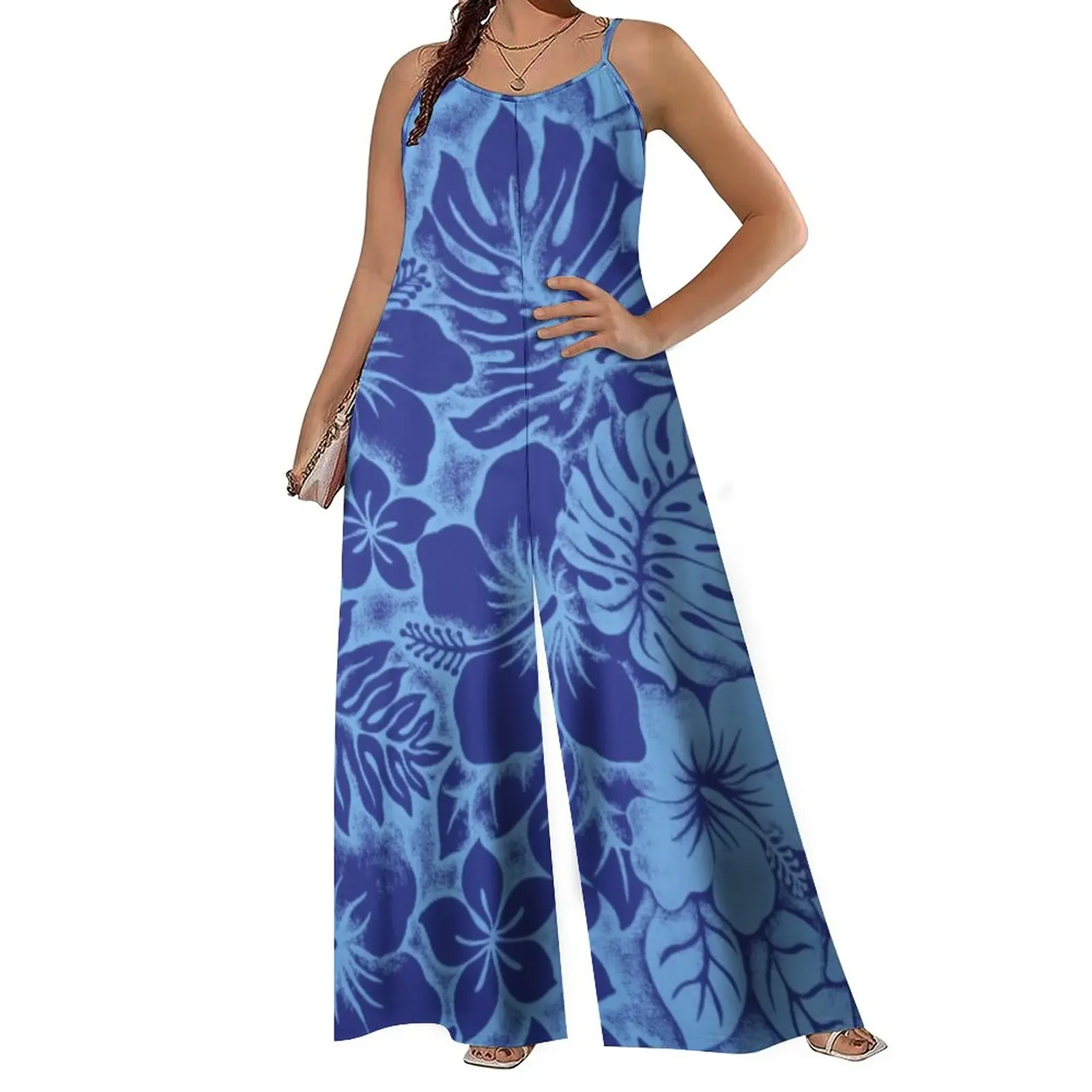 

Summer Latest Halter Rompers Big People 8XL Women Jumpsuit Blue Polynesian Tribal Retro Style Casual Wide Leg Jumpsuits