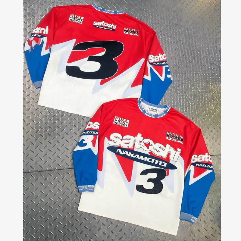 American Style Men's Motorcycle Themed Printed Satoshi Nakamoto Tops Tees High Street Streetwear Loose Casual Long Sleeves