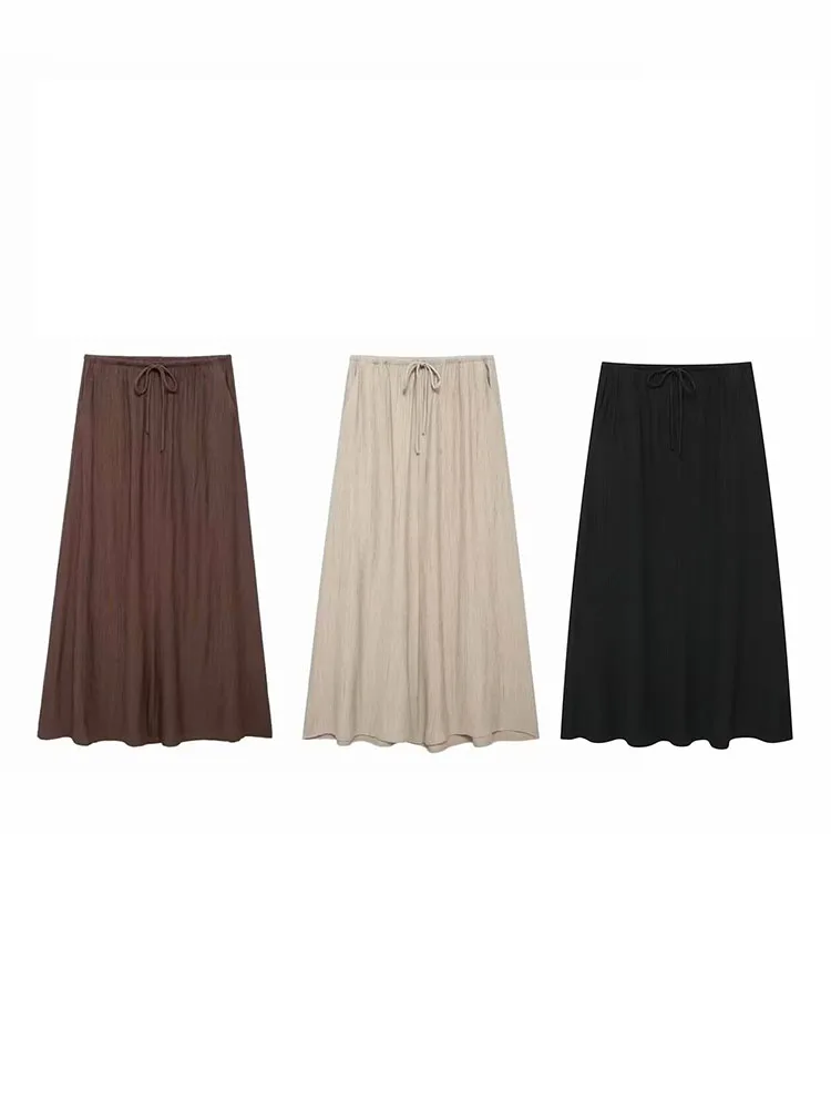 TRAFZA Summer Woman's Drawstring Pleated High Waist Decorate Solid Long Skirt Female New Side Pockets Vintage Slim Skirt Mujer