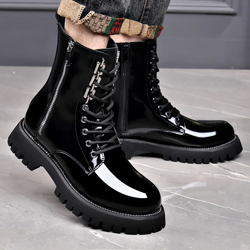 

mens fashion party nightclub autumn winter boots black brown patent leather shoes cowboy platform boot high motorcycle botas man