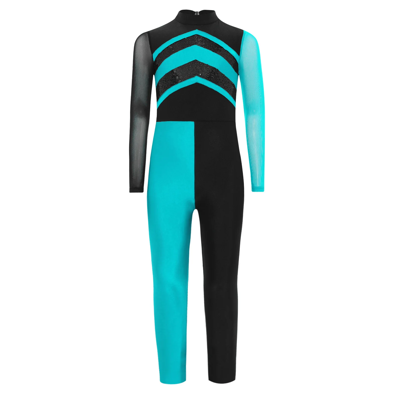 Combinaison de danse pour enfants filles, gymnastique, patinage artistique, paillettes brillantes, bloc de couleur, maille, manches longues, dos découpé, body de danse