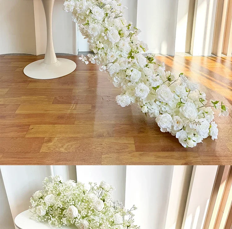 Weiße Rose Babybreath Künstliche Blumenreihe Kaskadierende Seidenblumengirlande Hochzeitstischläufer Bogenrand Zeremonie Empfang Deko – Detail 7