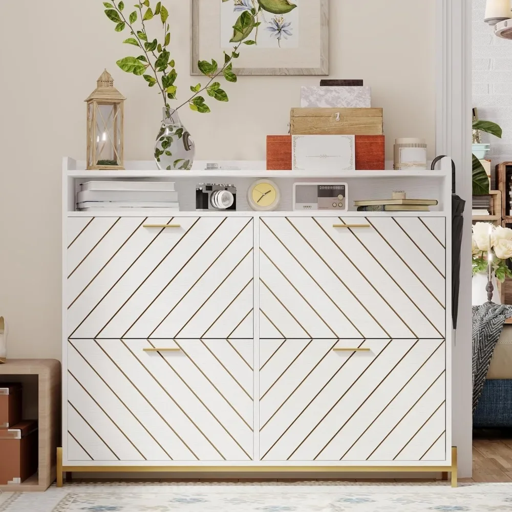 

Space-Saving Shoe Cabinet with Flip Doors, Modern Rustic Design for Entryway or Hallway, White Finish