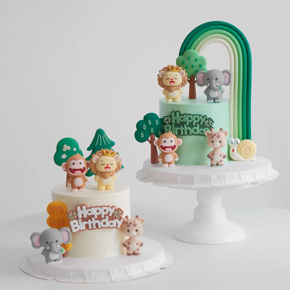 Kuchenaufsatz mit Waldtiermotiv, Affe, Löwe, Giraffe, Elefant mit Regenbogenbaum, Tischdekoration für Babyparty, Geburtstagsfeier – Detail 1