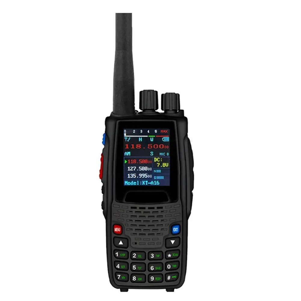 วิทยุสื่อสาร A40I Air Band แบบ VHF รุ่น KT-A16 คลื่นความถี่ส่งออก 108-136.999MHz คลื่นความถี่รับ 108.0000-136.999MHz กำลังส่ง 6 วัตต์ 200 ช่องสัญญาณ พร้อมระบบพยากรณ์อากาศ NOAA 10 ช่อง