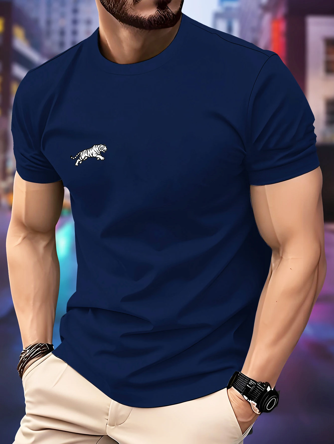 

New Men‘s Running T-shirt Spring / Summer Thin Top White Tiger Print Quick Dry Short Sleeve Breathable Fitness Sports T-shirt