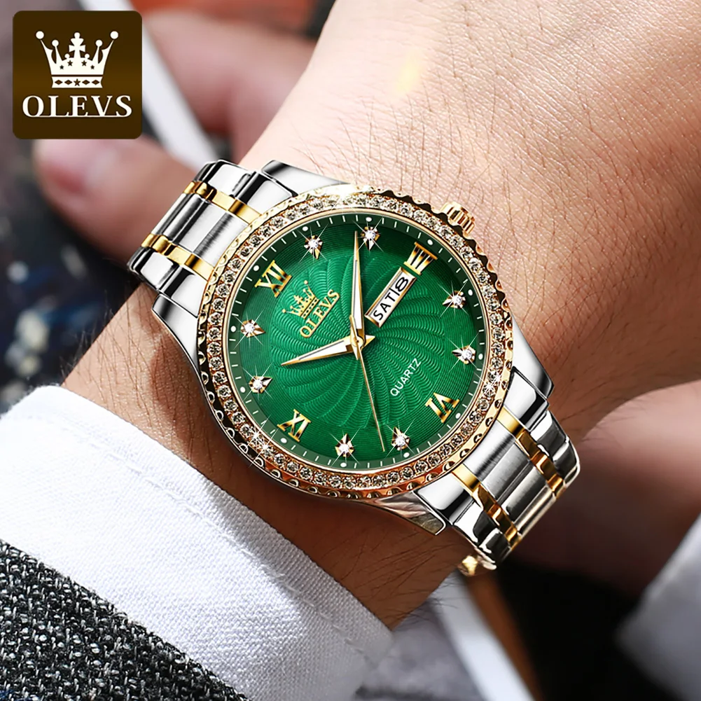 OLEVS Reloj para hombre Original de acero inoxidable de la mejor marca Reloj de pulsera de cuarzo para hombre Reloj de lujo con calendario dual resistente al agua con caja