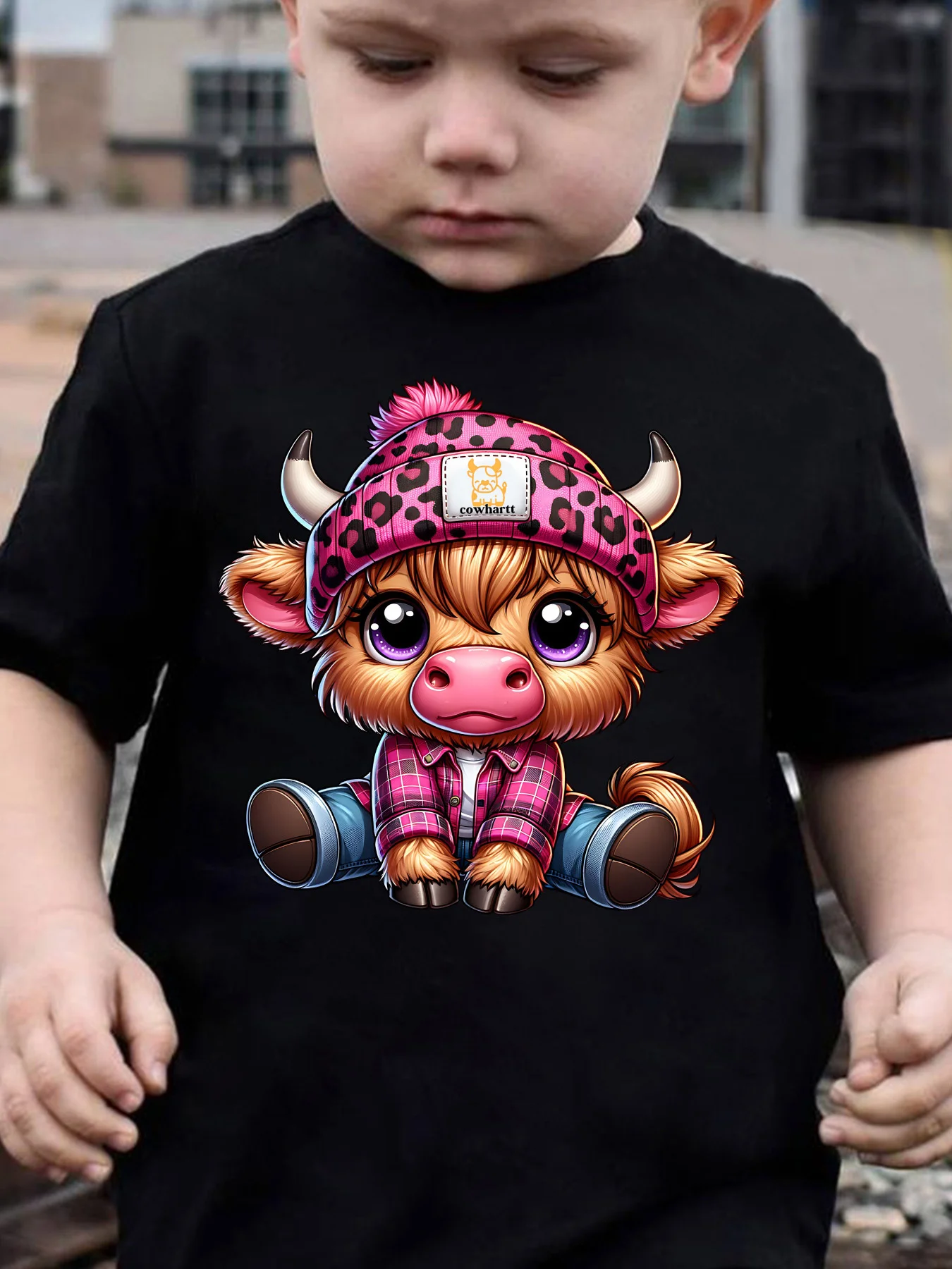Kids Boys Girls Family Matching T Shirt Cute Highland Cow Pink Beanie Plaid Outfit Cartoon Print Short Sleeve Tee Casual Tops