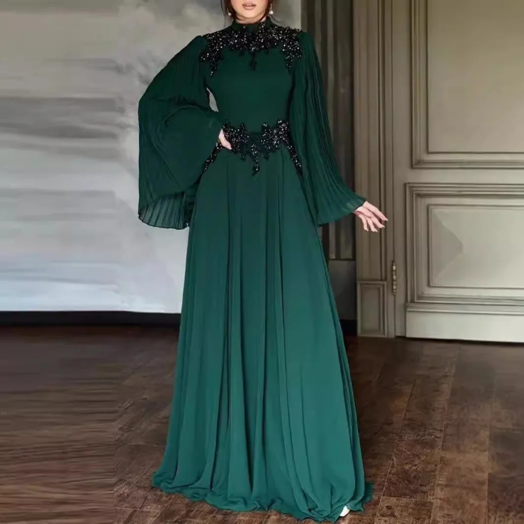 

Green Beading Evening Dress for Women A Line Full Sleeves Long Vestidos de Festia Elegant Shiny Prom Party Gowns for Formal