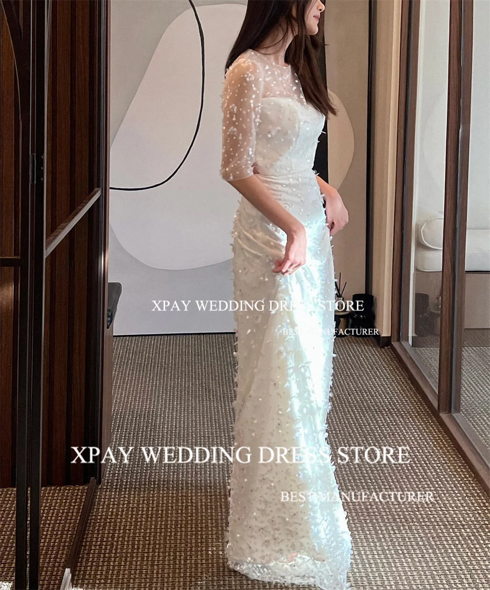 Xpay Illusion Schatz Korea eine Linie Brautkleider 3d Spitze Applikationen Halbarm Brautkleid maßge schneiderte Vintage Brautkleid