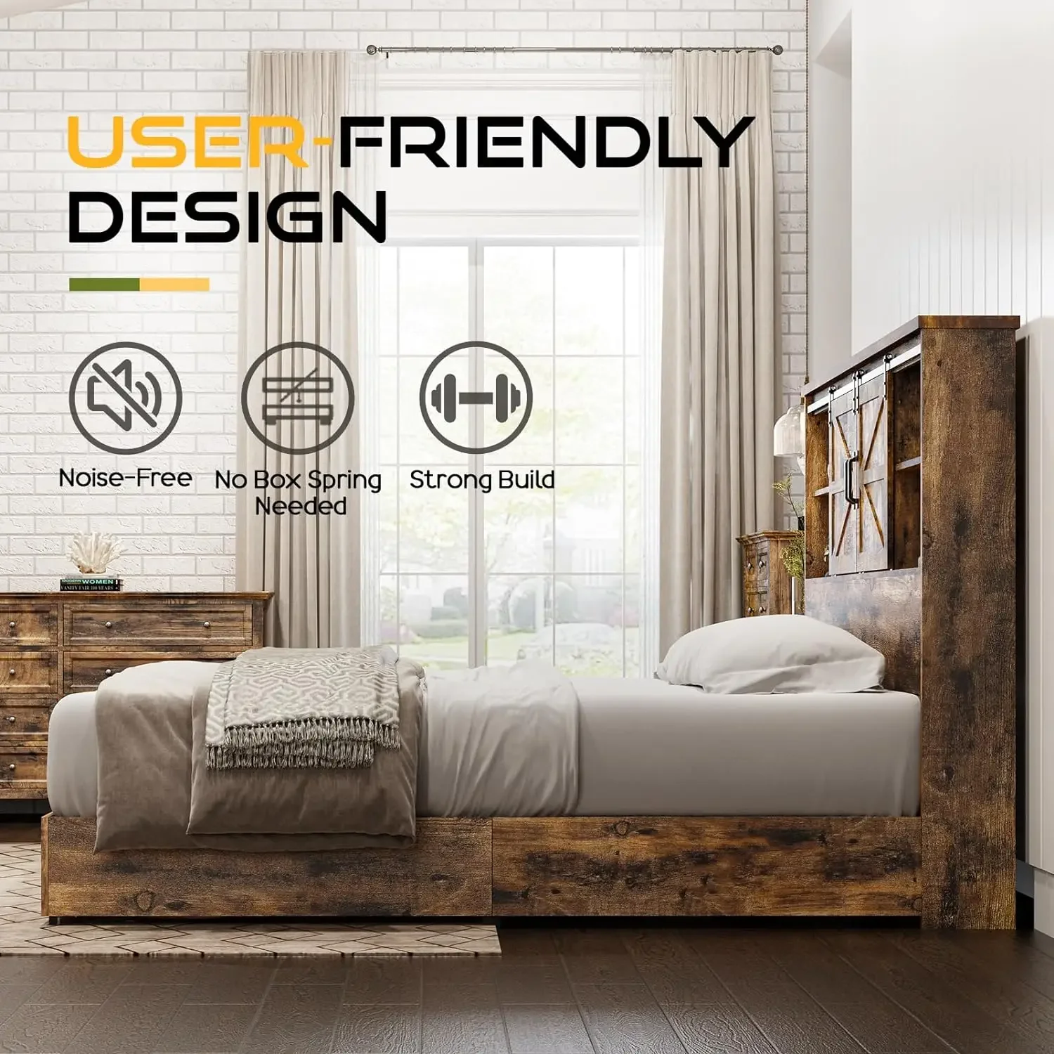 Wood Platform Bed Frame with 51.2" Bookcase Headboard, Storage Bed with Sliding Barn Door Charging Station, No Box Spring Needed