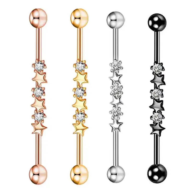 

1.6*38mm Long Stainless Steel Industrial Piercing Ear Cartilage Plug Tunnel Jewelry Earring Straight Ear Barbell Jewelry star wh