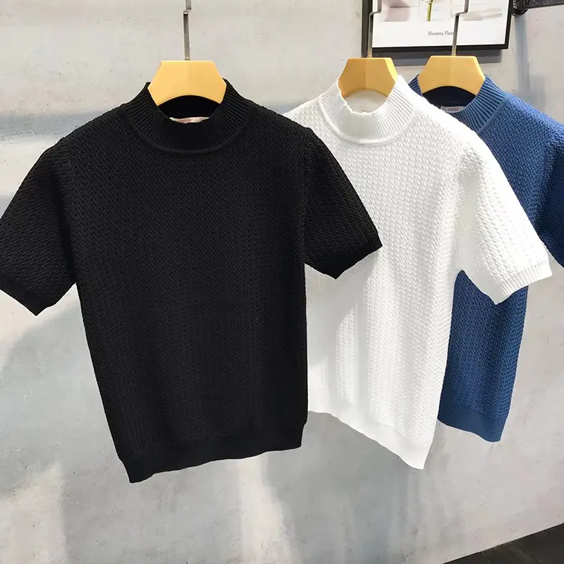 

Spring New Sle Korean Version Slim Fit Men's f High Collar Knitted ort Sve T-irt Trendy M Stripe mid Collar Ba...