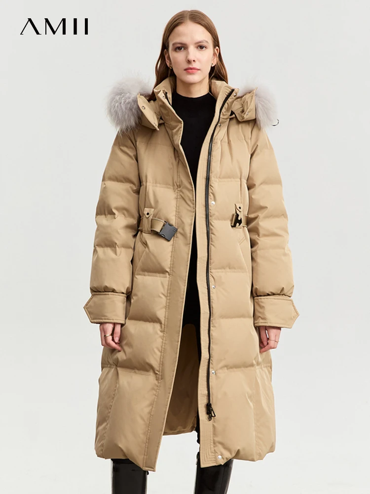 AMII 2023 Winter Women Down Puffer Coat New Raccoon Hair Collar Removable Hat With Belt Snow Wear Padded Long Parka 12324008