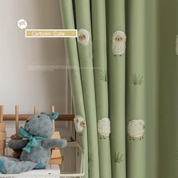 Cartoon Green Animal Lamb Embroidery Kids Bedroom Privacy Curtains ,Boys Girls Room Thickened Chenille Blackout Windows Drapes