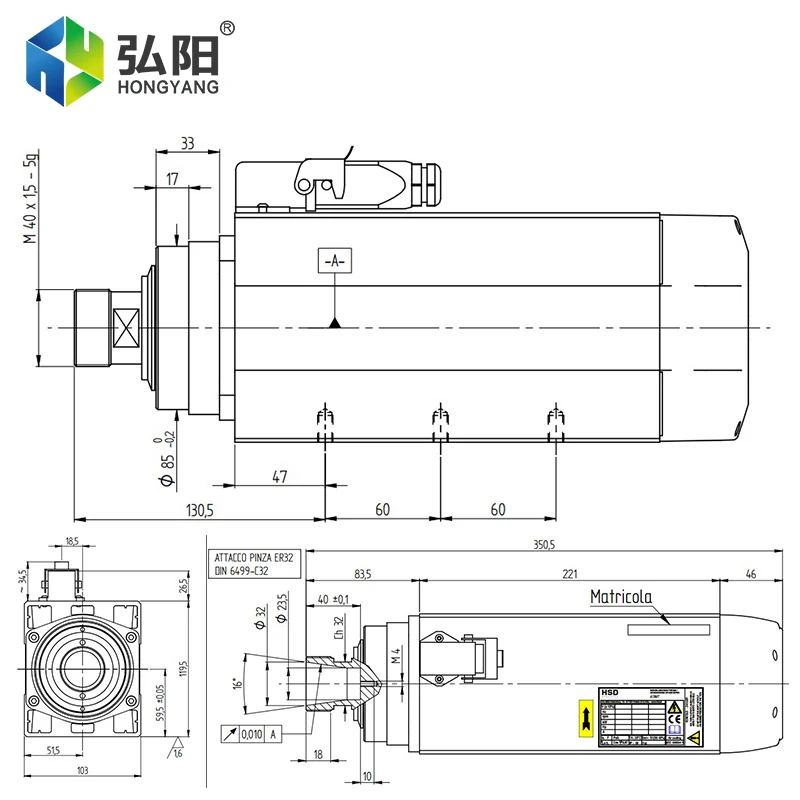 HSD Spindle Motor 6.0kw ER32 Square Air Cooled Ceramic Ball Bearing 380V Italian Milling Spindle For CNC Router Engraving