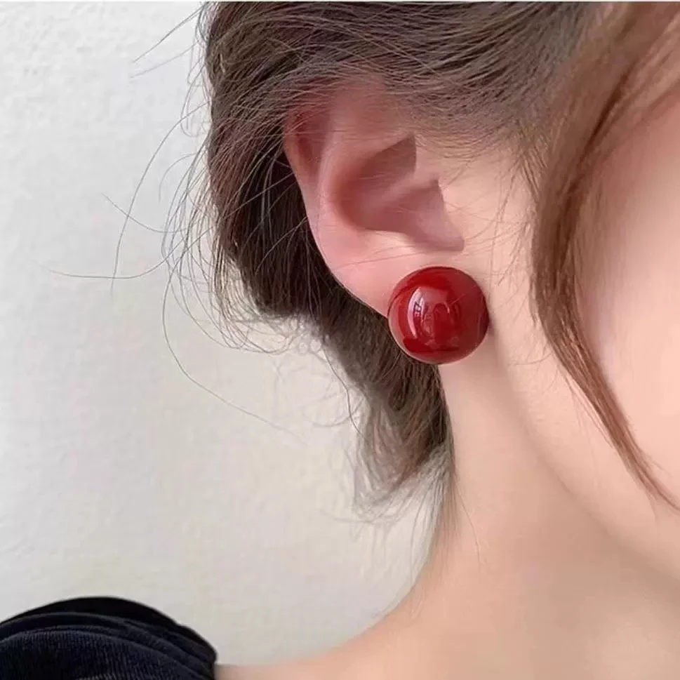 Hiphop Large Round 2.2CM Ball Wine Red Stud Earrings for Women Resin Smooth Wedding Jewelry Christmas Girl Valentine's Day Gift