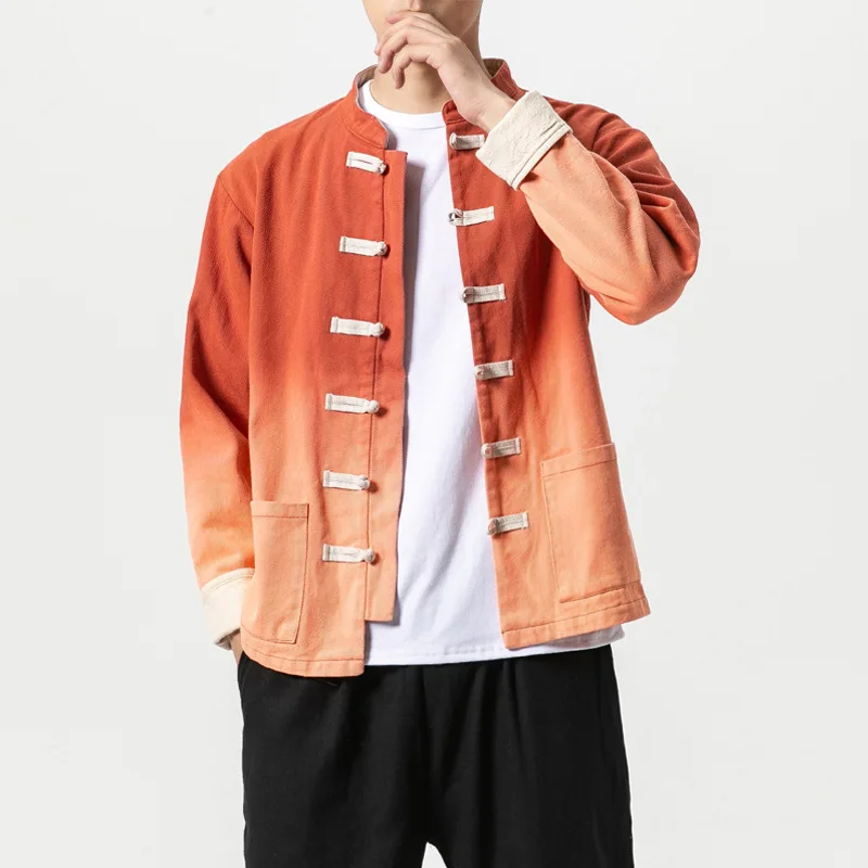 Spring Autumn Retro Stand Collar Plate Buckle Tang Suit Jacket Men Chinese Style Gradient Streetwear Kung Fu Plus Size M-5xl