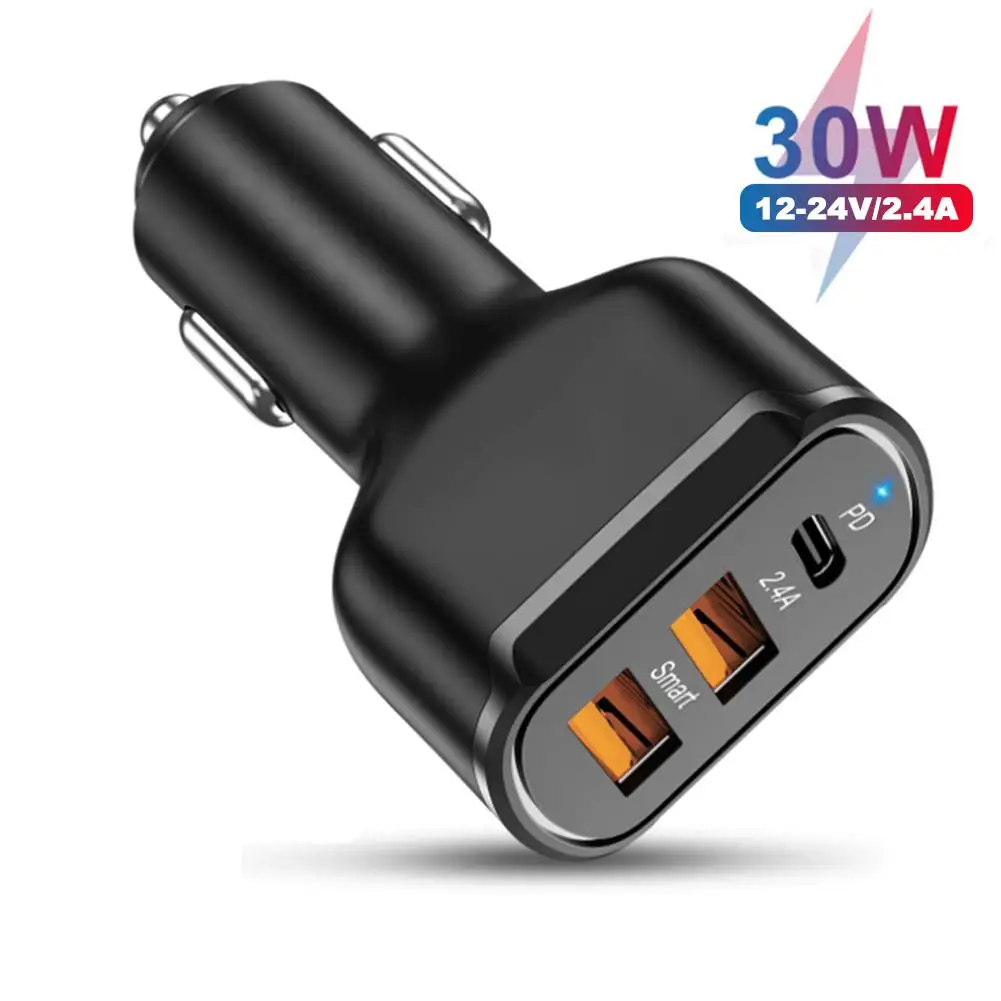 3in1 USB PD 30W Type-C Car Charger 2.4A Fast Charge Adapter For IPhone 13 12 11 Pro Max IPad Car Charger