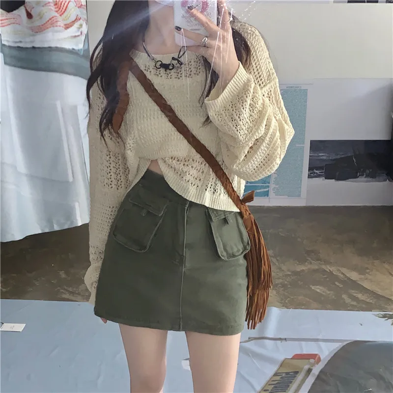 

plus Size Slimming Summer New Style Hollow out Long Sleeve Sun Protection Knitted Top High Waist A-Line Skirt Fashion Set