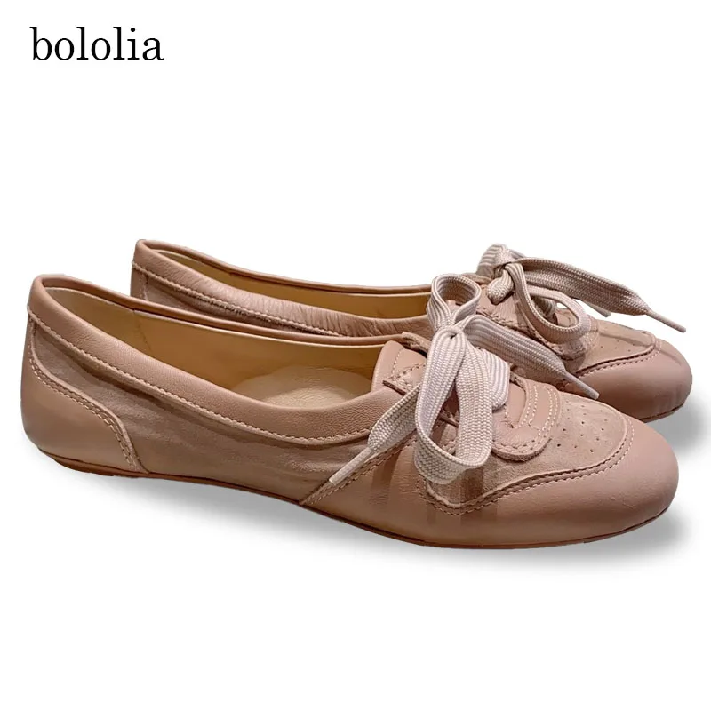 

BOLOLIA High Quality Flat Shoes Lacing Round Head Design Genuine Leather Material Woman Fashion Leisure Flat Shoes