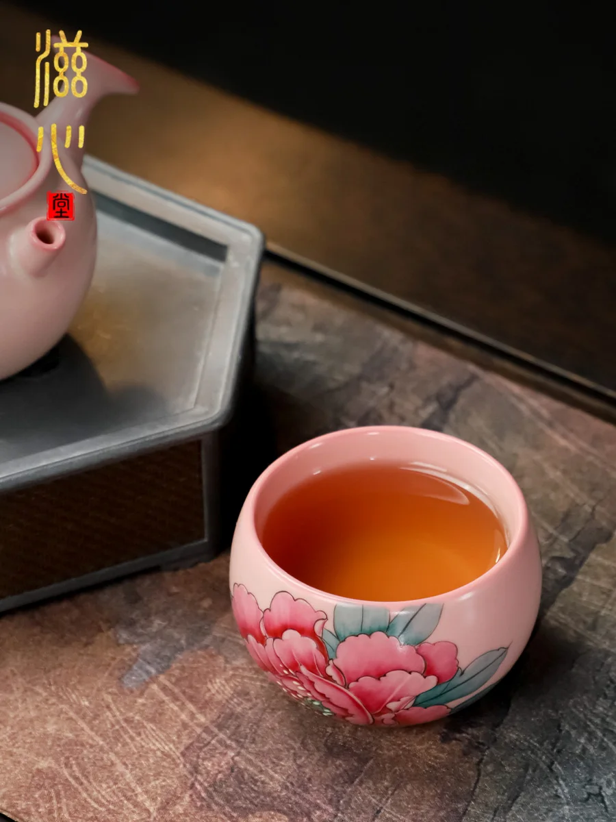 

High-End Celadon New Hand-Painted Purple Peony Cup Tea Artistic Purely Handmade Ceramics Kombucha Ceremony
