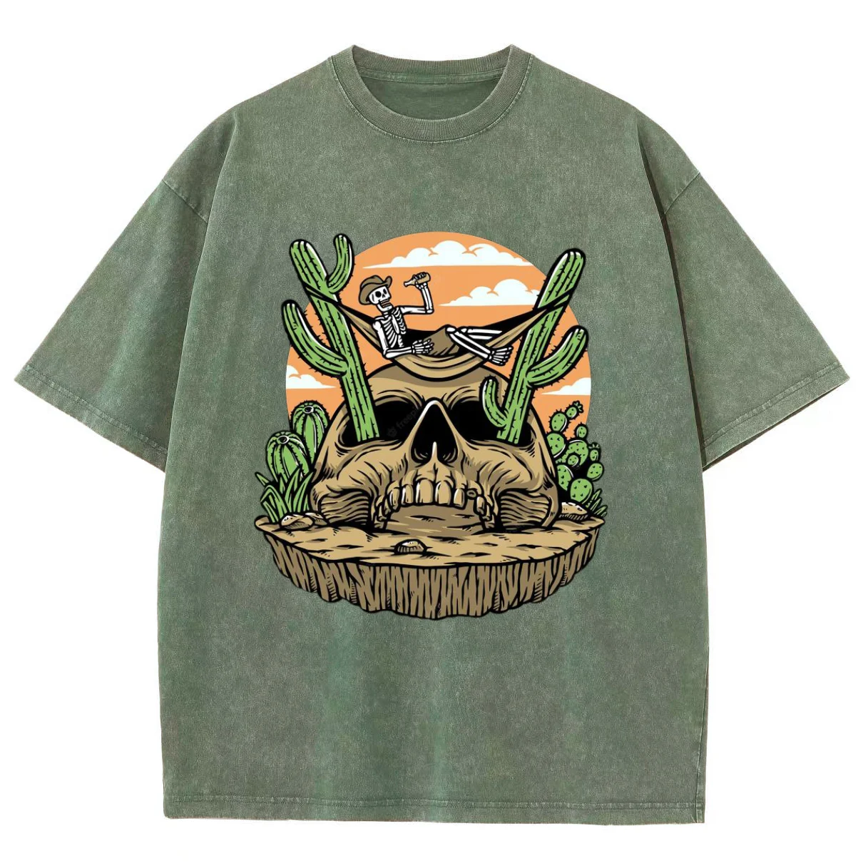 Cartoon Desert Skull Print Women's T-Shirt Breathable Cotton Short-Sleeved Washed Retro Hip Hop Hoodie Loose Sportswears