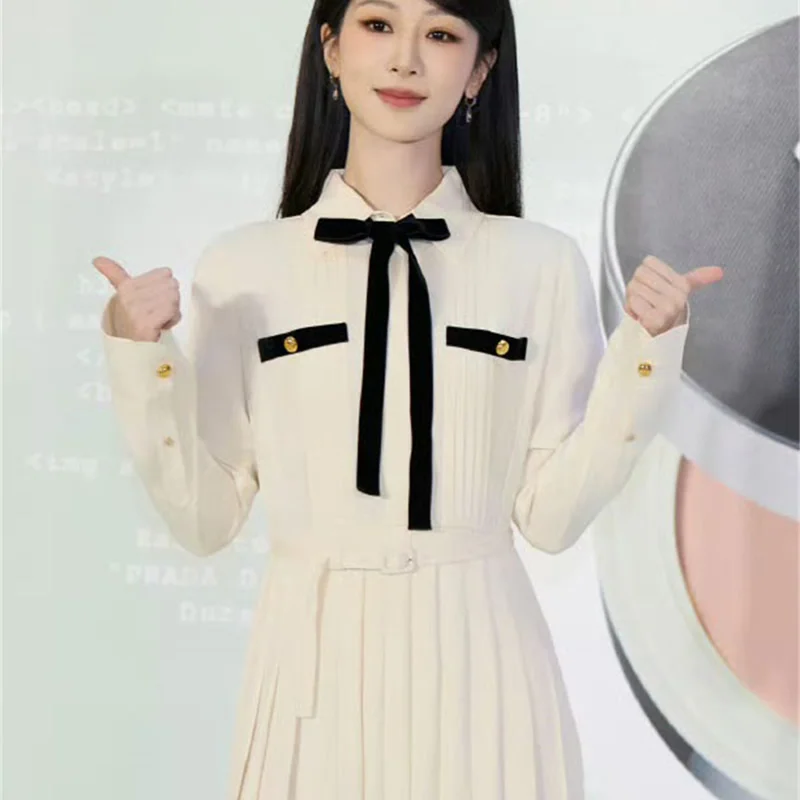 

Elegant Long Sleeve Turn-Down Collar A-Line Dresses Women Solid Dress