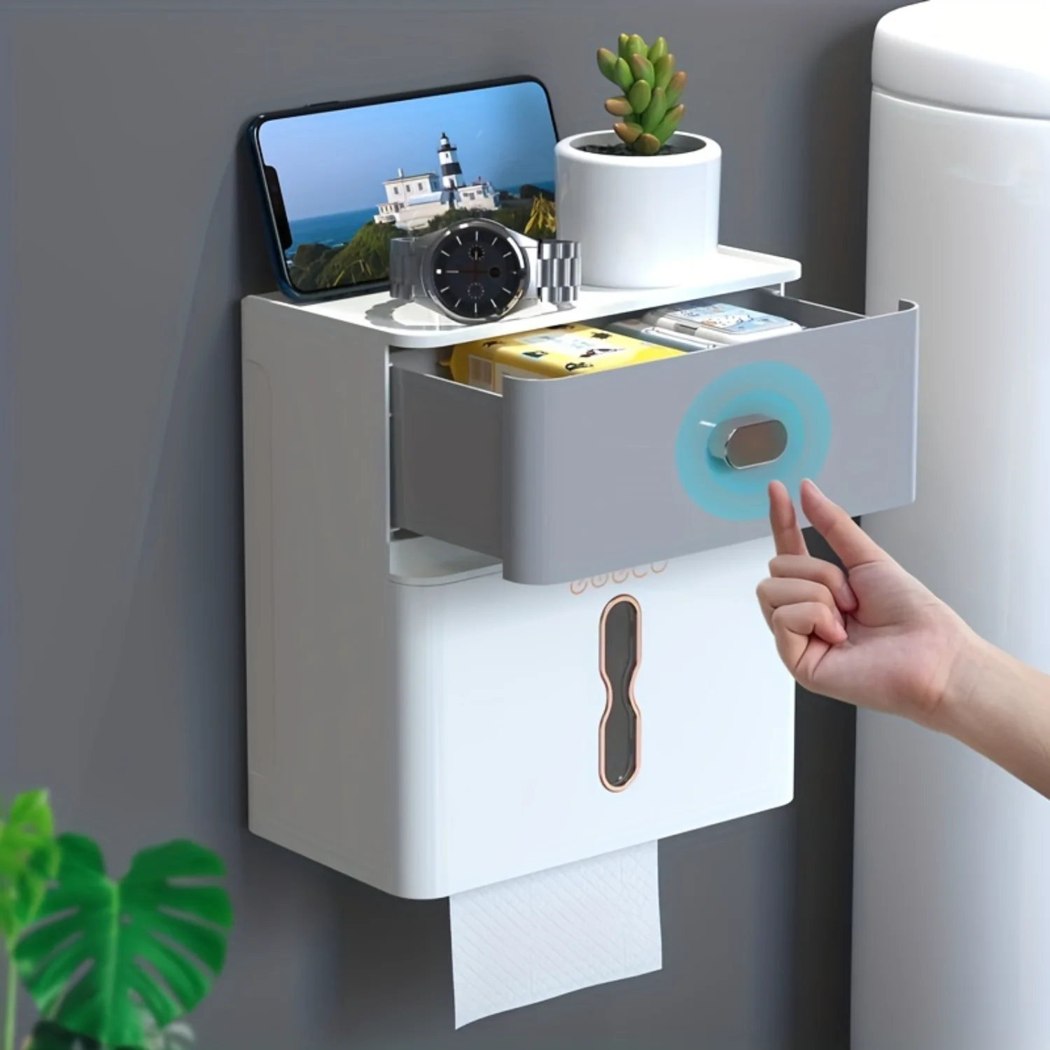 Bathroom Double-layer  Rack, Roll Paper Tissue Box, Toilet Wall-mounted Large Capacity Punch-free Tissue Holder