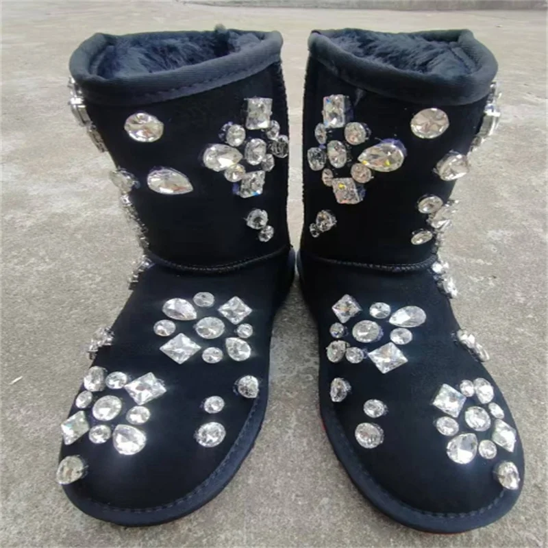 Luxury rhine-diamond accessories Fur integrated snow boots Handmade custom banquet party large size warm boots 35-44