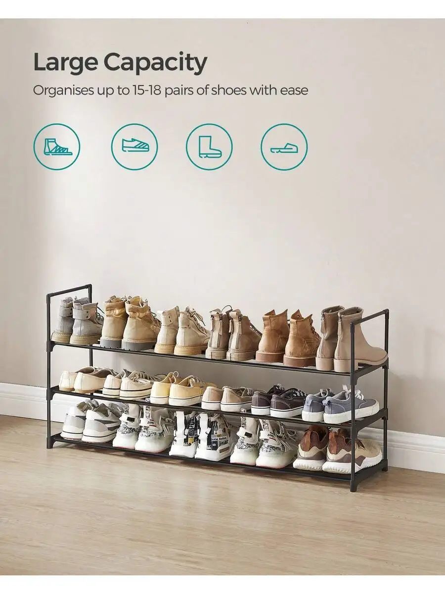 Shoe Rack, 3 Tier Shoe Organizer, Metal Shoe Storage Shelf For 18 Pairs Of Shoes, Easy To Assemble, Entryway, Black