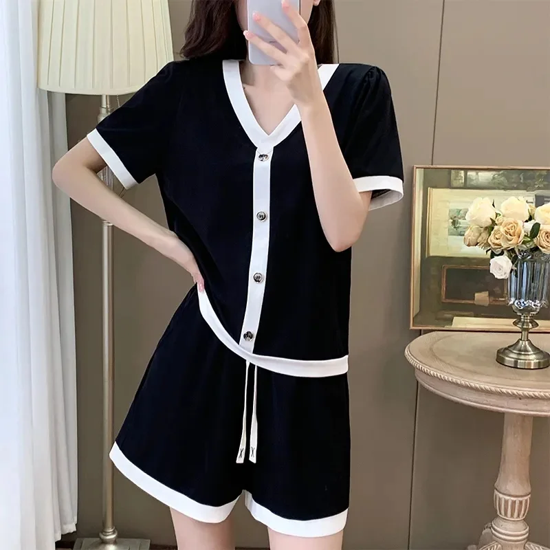 Summer Ladies Large Size 5XL Suit Korean Female V-Neck Patchwork Two-piece Set 2025 High-grade Women Short Sleeve Pantalons 2PCS