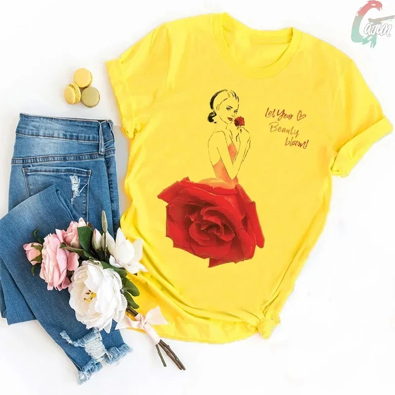 Yellow Fashion Streetwear Women T Shirt Harajuku Rose Girl Bouquet Print T-shirt Summer Sunflower Flowers Loose Casual Women Top