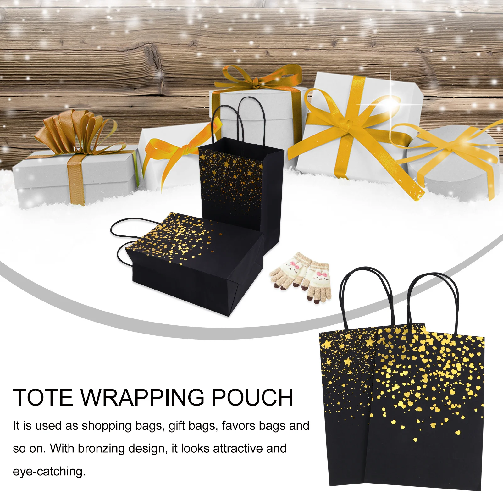 

12Pcs Black Card Paper Bags Premium Bronzing Gift Tote Bag Large Capacity Party Favors Pouches for Shopping Wedding Present