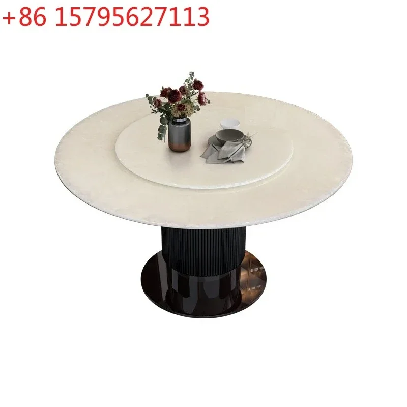 

Natural White Ice Jade Marble round Dining Table and Chair Modern Simple and Light Luxury Turn Table Plate