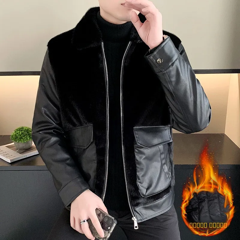 

Зимняя утепленная мужская кожаная куртка в молодежном стиле, мотоциклетная, с меховой подкладкой, из искусственной кожи, с длинными рукавами, на молнии