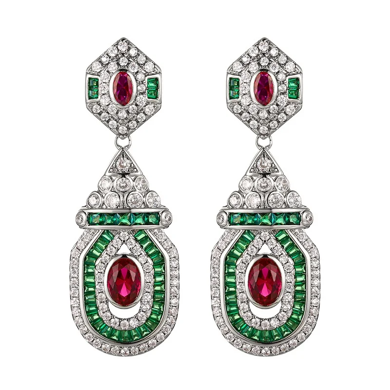 

Retro High Art Jewelry Substitute 14K White Gold Emerald Ruby Tassel Drop Dangle Earrings Art Deco Gemstone Exaggerated Ear Stud
