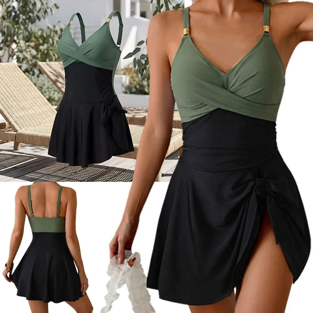 Breathable Slim Fit Women's Swimming Suit Sleeveless Pleated Summer Swimwear V-Neck Beachwear Clothing Bathing Suit Vacation