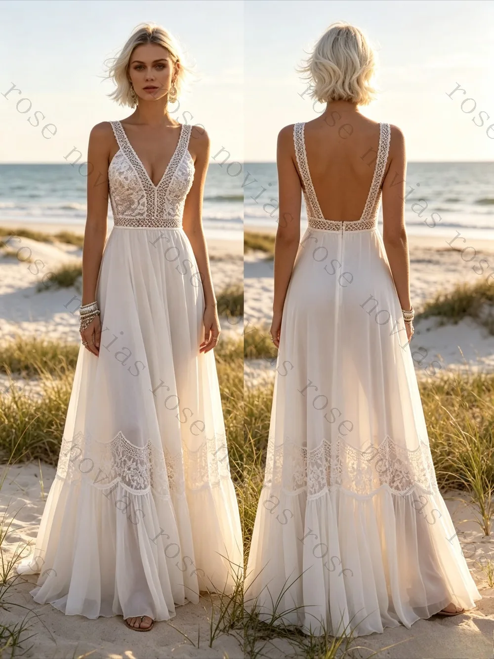 Customized 2026 Boho Lace V Neck Tiered Chiffon Wedding Dress Beach Bridal Gown for Destination Ceremony Vestidos De Noiva White