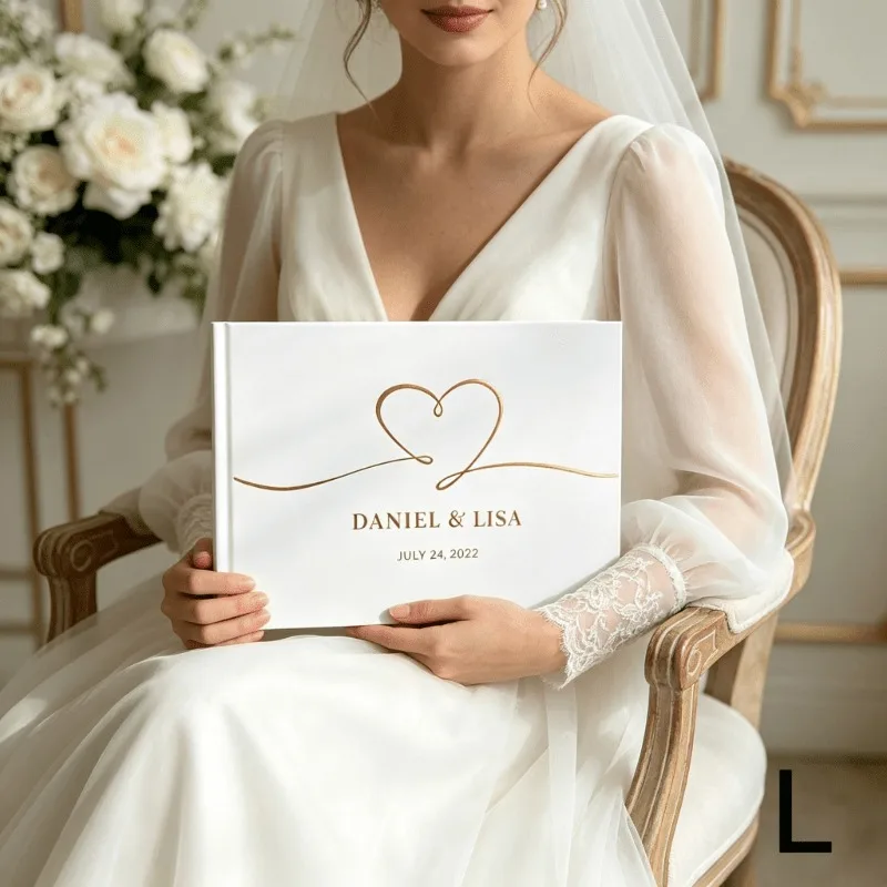 Custom Wedding Guestbook with Golden Thread Heart Cover - Elegant White Bride & Groom Signature Album