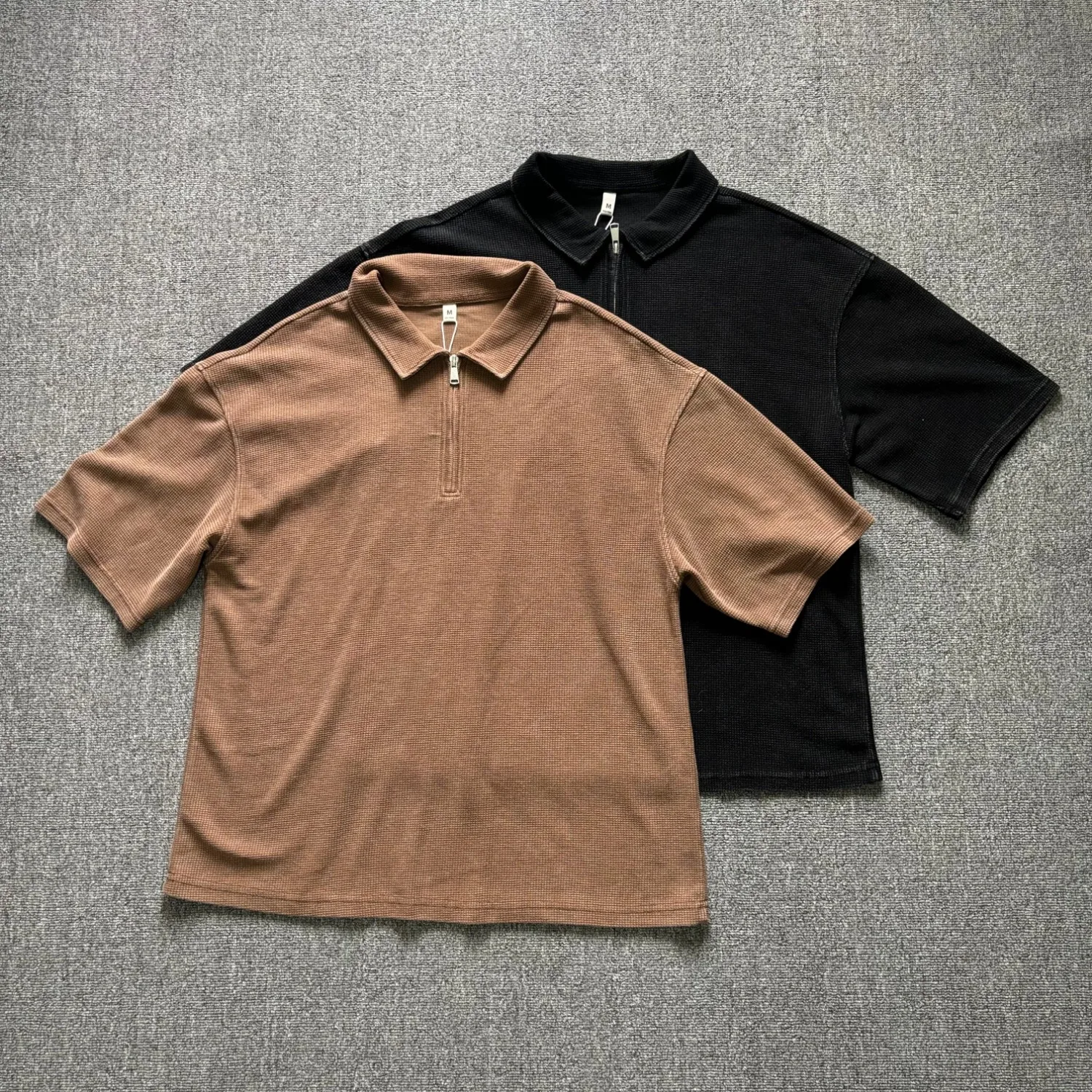 Men's heavyweight waffle half-zip POLO shirt summer loose lapel short-sleeved casual solid color versatile T-shirt
