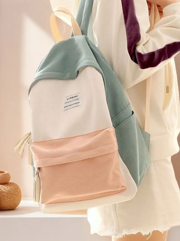 Color-Block Canvas Backpack Teenage Girls Casual Women Shoulder School Bag Daily Campus Commute Casual Outings