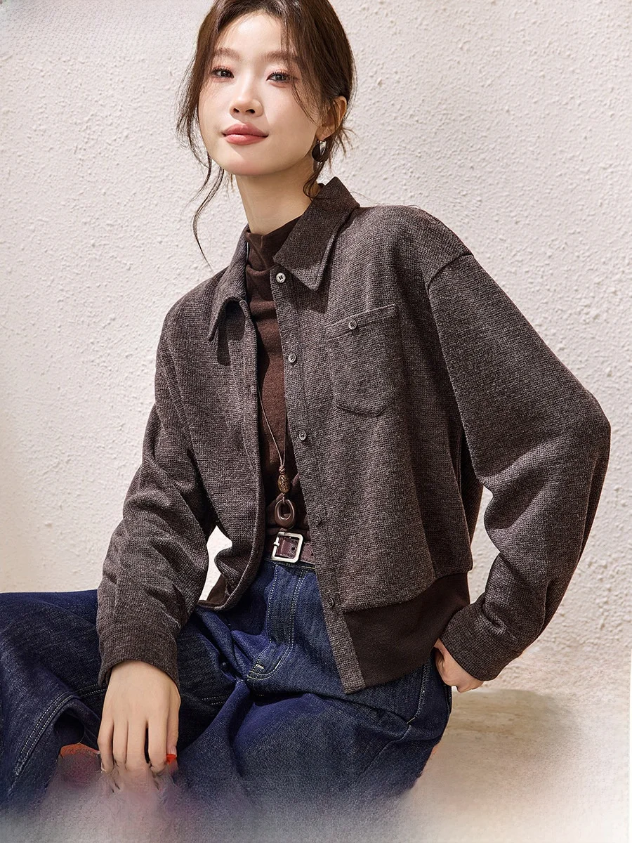 

Mo Han Mei Winter New Sle Women's ort irt Long Sve Floing Splice Layered Commuting Feel Flip Collar Fem Top